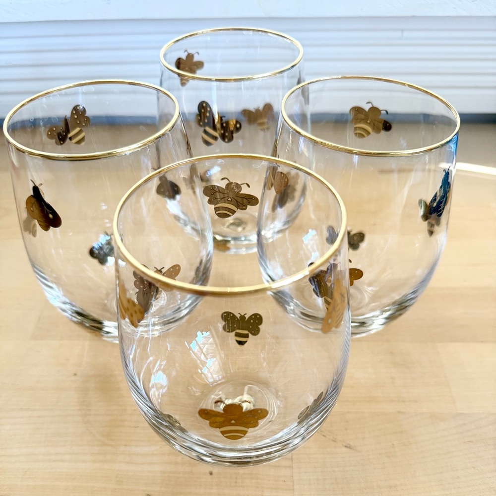 Set‎ of 4 Golden Bee Stemless Wine Glasses - 12oz Gold Rimmed Tumblers